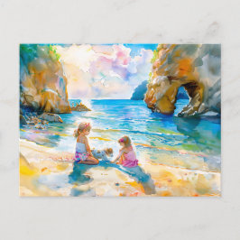 Flickor som leker efter havsbottnen i sten-bågarna helg vykort