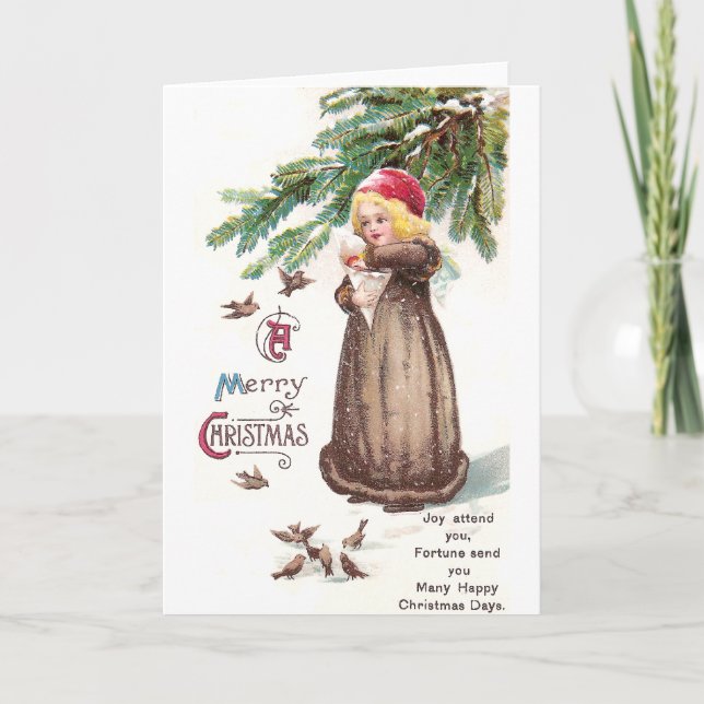 Flickor som Matar fåglar i Snö Helgkort (Framsida)