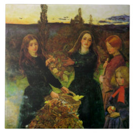 Flickor som samlar Höst löv för en Bonfire Kakelplatta