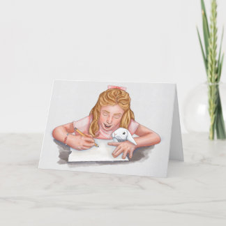 Flickor som skriver med kanin som äter pappert/ori tack kort