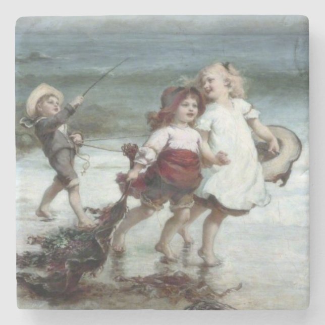 Flickor som spelar hästar på stranden stenunderlägg (Framsidan)