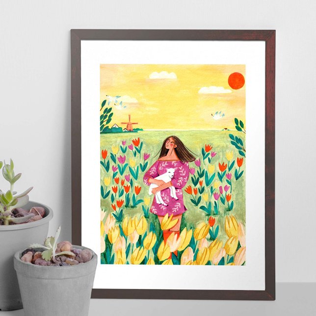 Flickor som står på nederländska tulip fält poster (Skapare uppladdad)