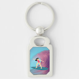 Flickor som surfar vid solnedgången rektangulärt silverfärgad nyckelring