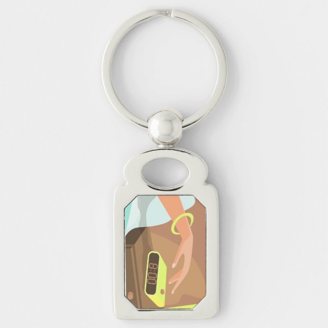 Flickor som trycker på knapp för att snosera larmk rektangulärt silverfärgad nyckelring (Framsidan)