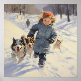 Flickor som vandrar i Snö med Hundar Poster