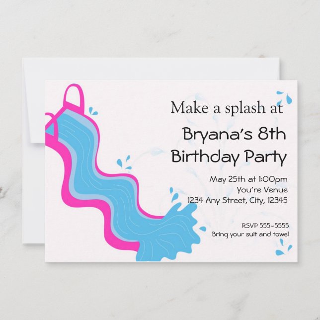 Flickor, sommartid, Bassäng Rosa Vatten Slide Part Inbjudningar (Framsida)