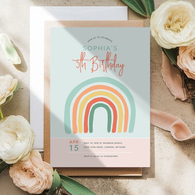 Flickor Söt Boho Regnbåge Barn 5-årsdag Inbjudningar (Skapare uppladdad)