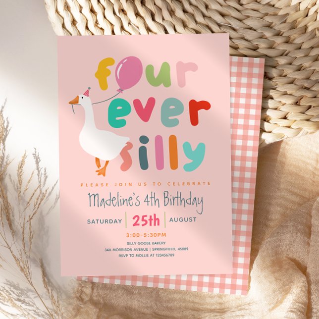 Flickor Söt “Four Ever Silly” 4-årsdag Gås Inbjudningar (Skapare uppladdad)