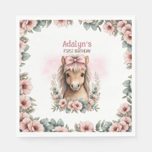 Flickor Söt Rosa Blommig Häst 1-årsdag Pappersservett