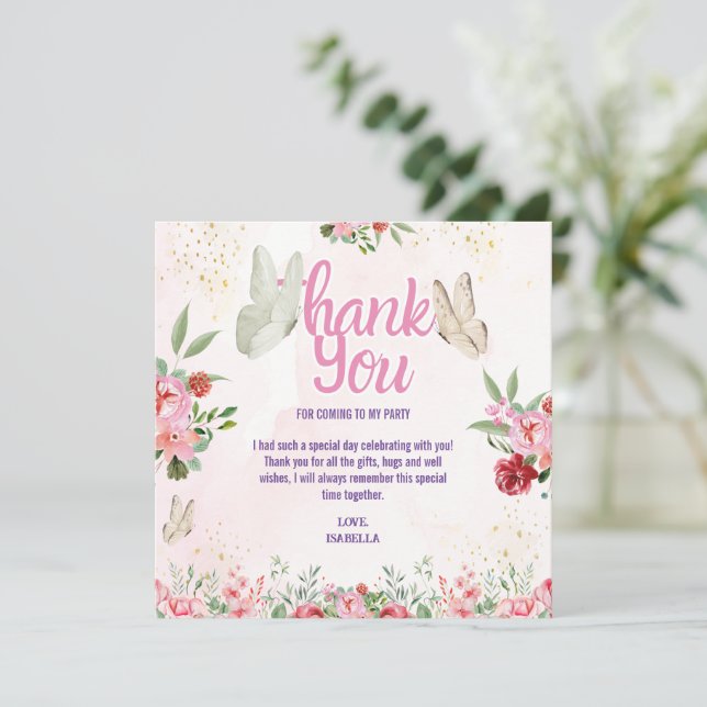 Flickor Söt Rosa Lila Fjäril Barn Födelsedag Tack Kort (Stående Fram)