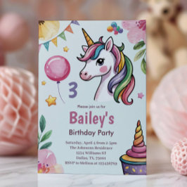 Flickor Söta Pastell Enhörning Barn 3-årsdag Inbjudningar