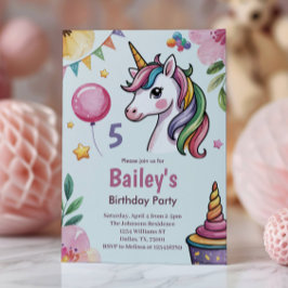 Flickor Söta Pastell Enhörning Barn 5-årsdag Inbjudningar