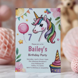 Flickor Söta Pastell Enhörning Barn 7-årsdag Inbjudningar