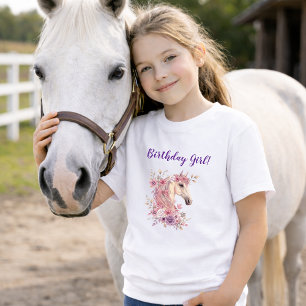 Flickor Söta Ponnyer Pastell Blommig Häst Födelsed T Shirt