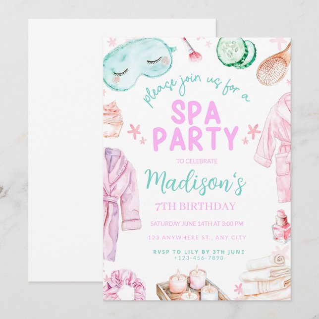 Flickor Spa Birthday, Spa Party Birthday bjudande Inbjudningar (Fram/baksida)