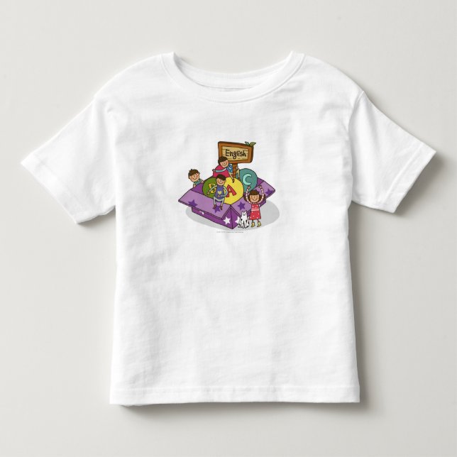 Flickor står med arm upphöjd och pojkar sitta t-shirt (Framsida)