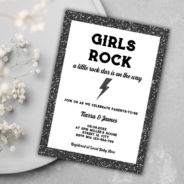Flickor Sten Black Rock and roll Baby Shower Inbjudningar (girls rock little rock star rock and roll girl baby shower invitation)