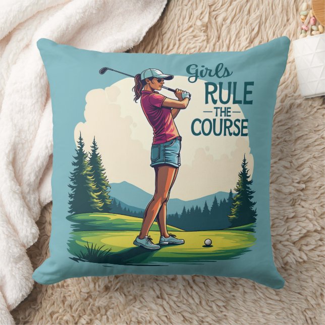 Flickor styr kursen Retro Golf Illustration Kudde (Filt)