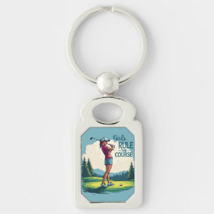 Flickor styr kursen Retro Golf Illustration Rektangulärt Silverfärgad Nyckelring