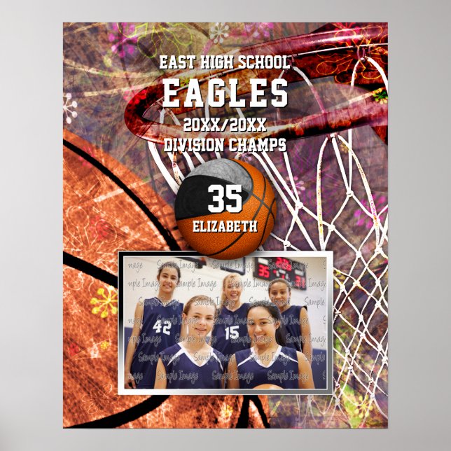 Flickor, svart grått-team, färg fotobasketboll poster (Framsidan)