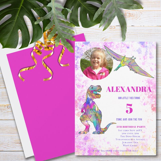 Flickor T Rex 5:e födelsedag - inbjudan till foto- (Colorful Dinosaur girls photo 5th birthday party invitation bright pink)