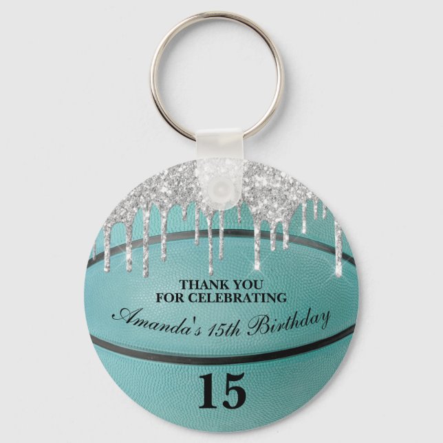 Flickor Teal Glitter Drip Basketboll Party Favor Nyckelring (Framsida)