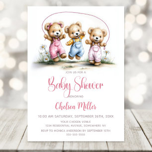 Flickor Teddybjörnar som hoppar hage Baby Shower Inbjudningar