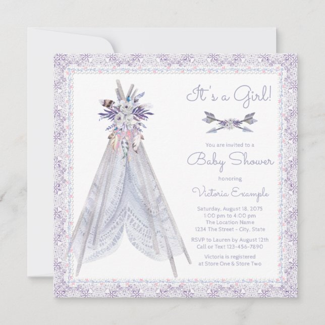 Flickor TeePee Baby Shower Inbjudan Lavendelspets (Framsida)