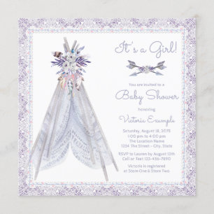 Flickor TeePee Baby Shower Inbjudan Lavendelspets