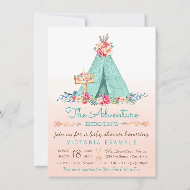 Flickor Tipi Baby Shower Inbjudningar (Framsida)