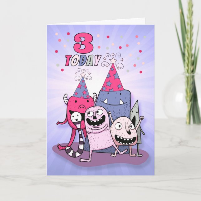 Flickor Tredje Rosan och Lila Monster Birthday Kort (Framsida)