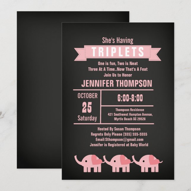 Flickor, triplet Elephant Baby Shower Chalkboard Inbjudningar (Fram/baksida)