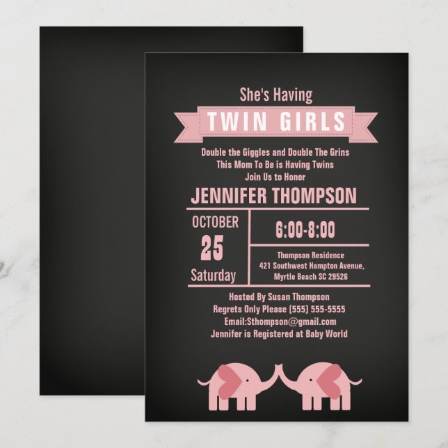 Flickor Twin Elephant Baby Shower Chalkboard Inbjudningar (Fram/baksida)