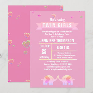 Flickor Twin Elephant Rosa/Lila Baby Shower Inbjudningar