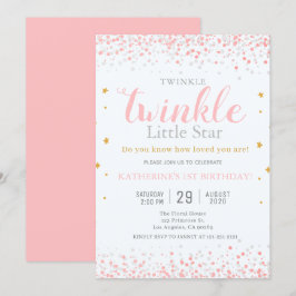 Flickor Twinkle Little Star Rosa & Guld 1:a födels Inbjudningar