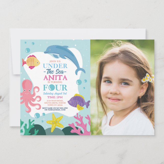 Flickor under havet Fyra Ocean delfin Foto 4 Inbjudningar (Framsida)