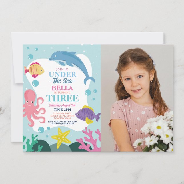 Flickor under havets trehavsdelfinfoto 3:e inbjudningar (Framsida)