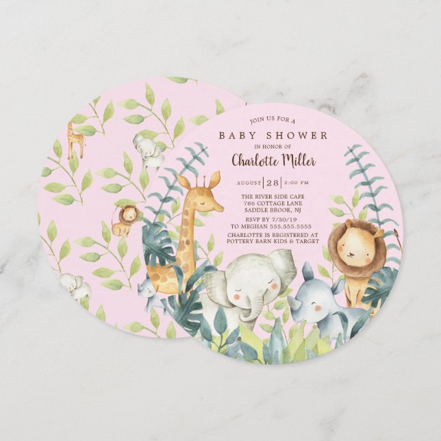 Flickor ungle Animals Baby Shower Inbjudningar (Fram/baksida)