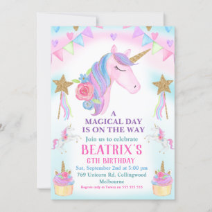 Flickor Unicorn Cake-inbjudan från födelsedagen Inbjudningar