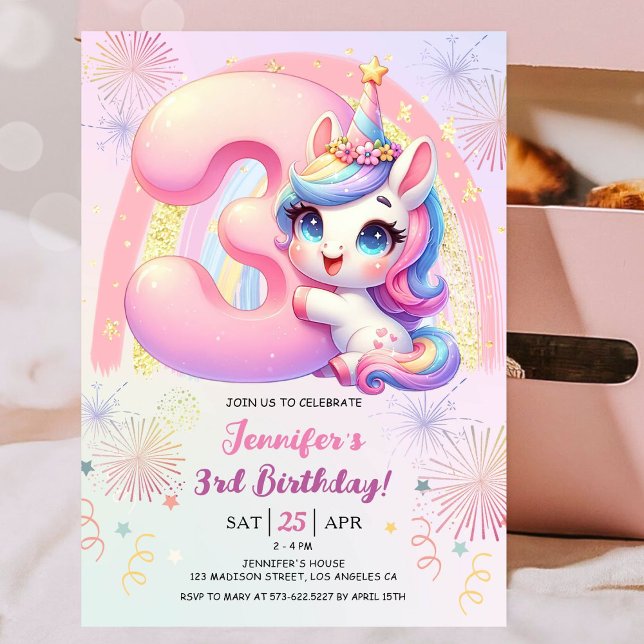 Flickor Unicorn Magic Rainbow 3:e födelsedag Party Inbjudningar (#UnicornBirthdayInvitation #UnicornBirthdayInvitationTemplate #UnicornBirthdayInvitationEditable 

)