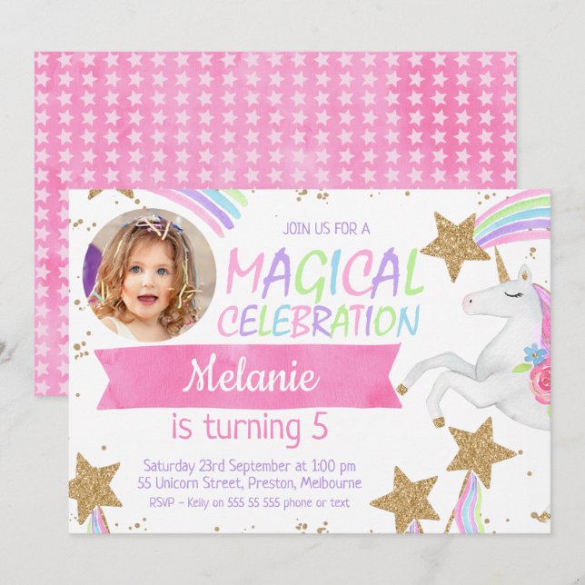 Flickor Unicorn Photo Birthday-inbjudan Inbjudningar (Fram/baksida)