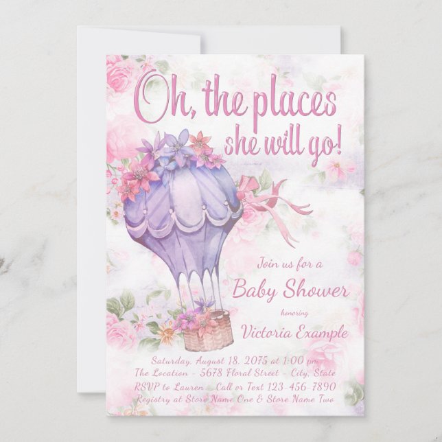 Flickor Varmluftsballong Baby Shower Inbjudningar (Framsida)