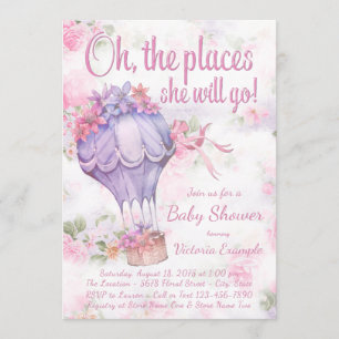 Flickor Varmt Luftballong Baby Shower Inbjudningar