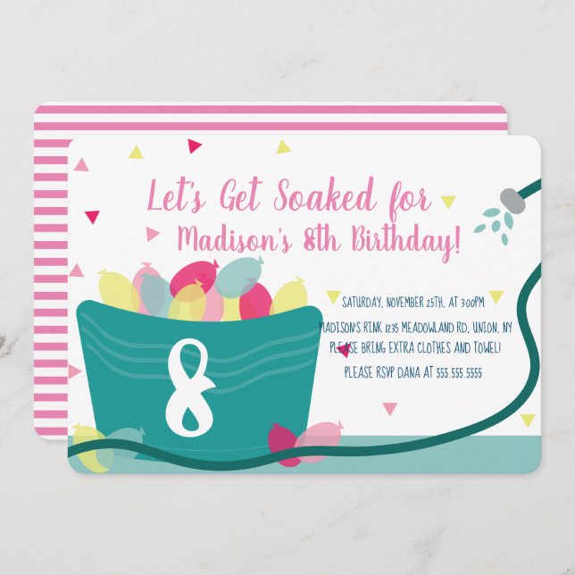 Flickor Vatten Balloon bekämpar Rosan på födelseda Inbjudningar (Fram/baksida)