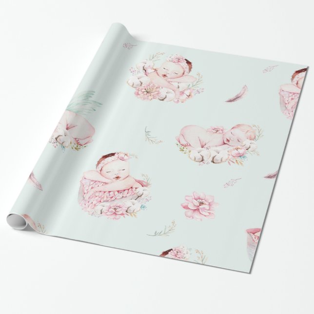 Flickor Vattenfärg Babys Babygudstjänst Inpackning Presentpapper (Utrullad)
