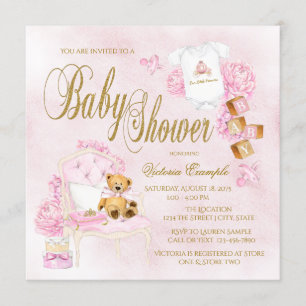 Flickor Vattenfärg Rosa Guld Bebis Shower Inbjudni Inbjudningar