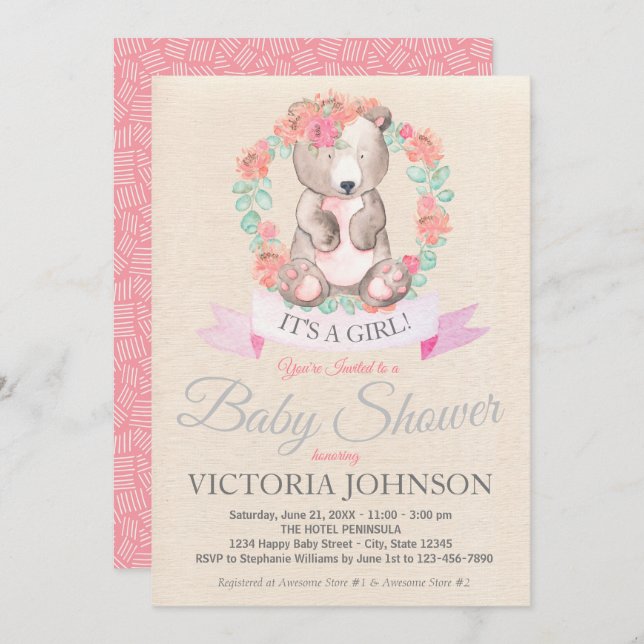 Flickor Vattenfärgsprogram Blommigt Baby Bear Baby Inbjudningar (Fram/baksida)