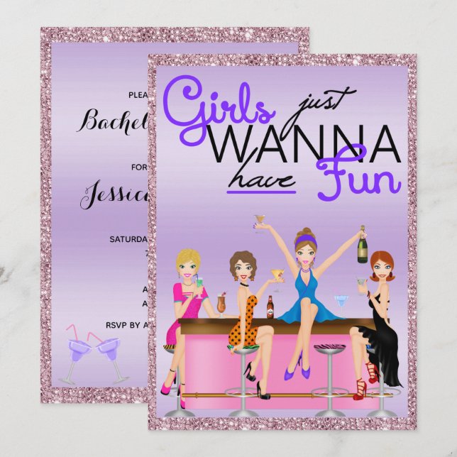 Flickor vill bara ha Roligt Bachelorette Party Inbjudningar (Fram/baksida)