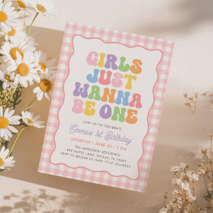 Flickor Vill Bara Vara En Rosa Randig 1-årsdag Inbjudningar