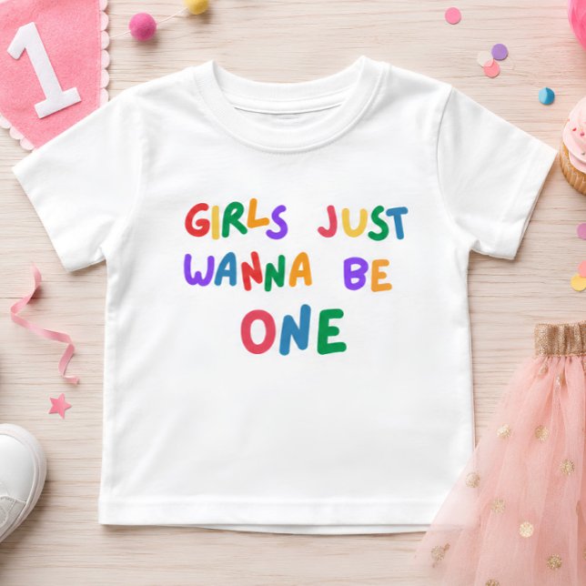 Flickor Vill Vara En Färgglad 1-årsdag T Shirt (girls just wanna be one, one birthday shirt, cake smash outfit, birthday apparel,)